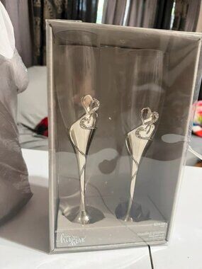 his & hers Elegant Silver Toasting Glasses Set with Heart Accents